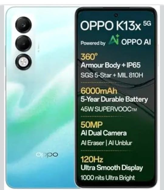 OPPO K13x 5G 6000mAh and 45W Charger & AI (Breeze Blue, 128 GB) (6 GB RAM)