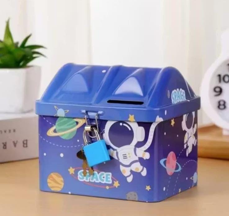 Cute & Colorful Unicorn Printed Metal Piggy Bank With Secure Lock & Keys For Kids